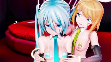 Threesome ecstasy with Rin and Miku