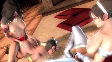 Strap-On Threesome with Kitana and Jade while Mileena Watches