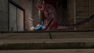 Samus Aran fucks the warehouse workers in a bloody gangbang, leaving them all covered in her cum!