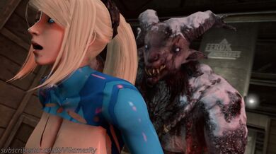 Samus Aran fucks the warehouse workers in a bloody gangbang, leaving them all covered in her cum!