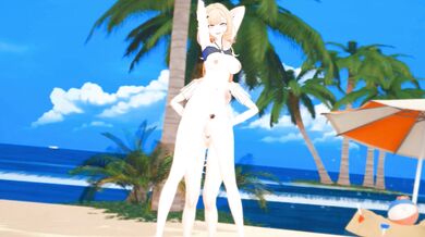 Horny futa fuck fest at the beach with hot twinks Elysia and Kiana in 'Honkai Impact' hentai!
