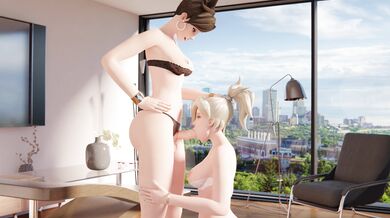 Mercy's Gaping Mouth Stuffed with Cum while Getting Fucked by a Giant Dildo, All While Tracer Looks on in Awe and Pleasure [Oral Slutwives]