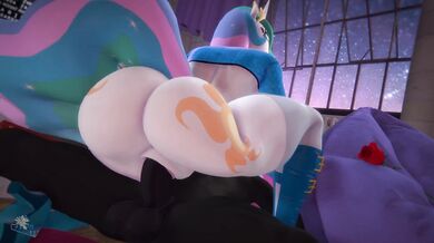 The horny goddess Celestia rides a giant stallion while wearing a sexy outfit made of horse hooves, in this steamy hentai PORN video
