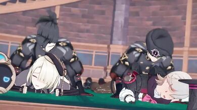 A big-chested blonde and a busty brunette join forces to please their dominant partner in this sexy mob scene!