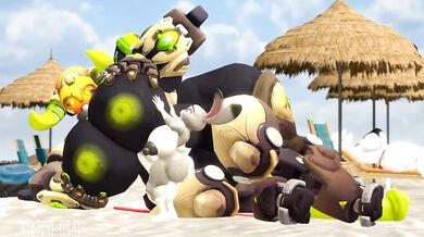 Busty Cop Judy Hopps Gets Her Cock Sucked by Big-Titted Orisa at the Beach