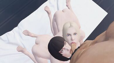 Nina and Anna on their knees pleasuring each other with a blowjob in Tekken, high quality