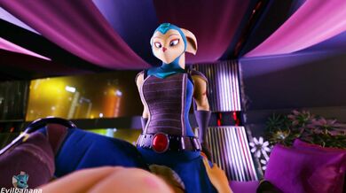 Watch the evil banana slip into her suit and start to dominate the room