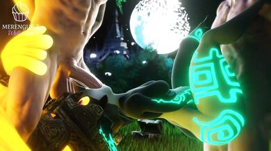 This is a hardcore porn scene where two men penetrate Midna at the same time, while she dances to merengue music