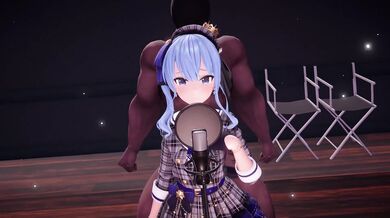 The innocent-looking Suisei Hoshimachi in her AXXXL35 bra and panties is about to experience a wild night of passion with three horny men