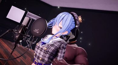 The innocent-looking Suisei Hoshimachi in her AXXXL35 bra and panties is about to experience a wild night of passion with three horny men