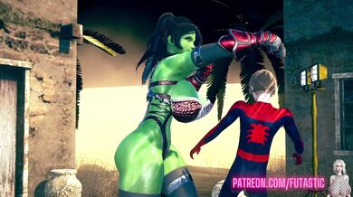 Spider-Man's creampie after a hardcore fight with Futanari She-Hulk