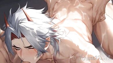 Two girls and a guy have their way with a lucky man's shaft in a threesome.