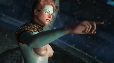 Hot elf-human hybrid slays a monster in the dungeons of Skyrim with her massive breasts