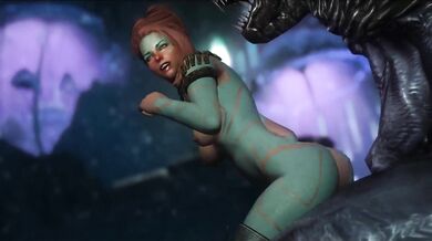 Hot elf-human hybrid slays a monster in the dungeons of Skyrim with her massive breasts