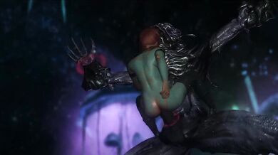 Hot elf-human hybrid slays a monster in the dungeons of Skyrim with her massive breasts