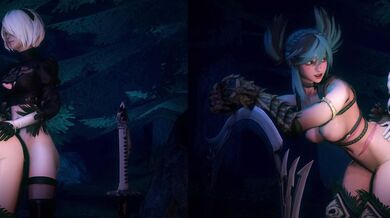 Bouquetman's Split-Screen Fuck Fest with 2B and Tira from NieR: Automata