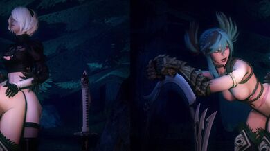 Bouquetman's Split-Screen Fuck Fest with 2B and Tira from NieR: Automata