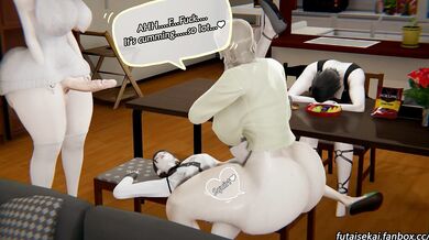 Rika's MILF Futas Grope her in Front of Mom