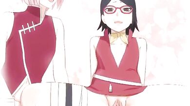 Sakura and Sarada Uchiha Double Team Dildo Action